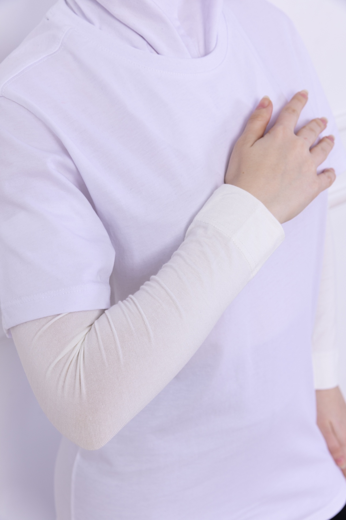 Pratik Likralı Penye Kolluk Ekru - Kadın Tesettür Düz Namaz Kolluğu 1 Çift Viskon Hijab