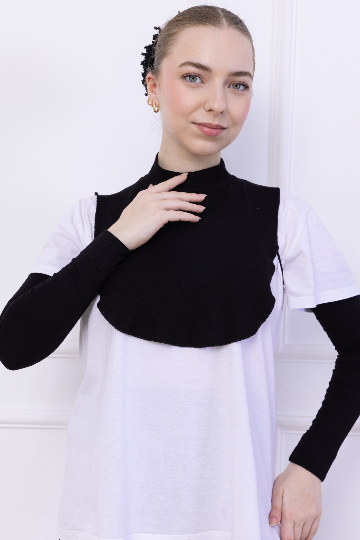 Boyunluk ve Kolluk Seti Siyah - Balıkçı Yakalı Kadın Tesettür Penye Yarım Body Namaz Kolluğu Hijab