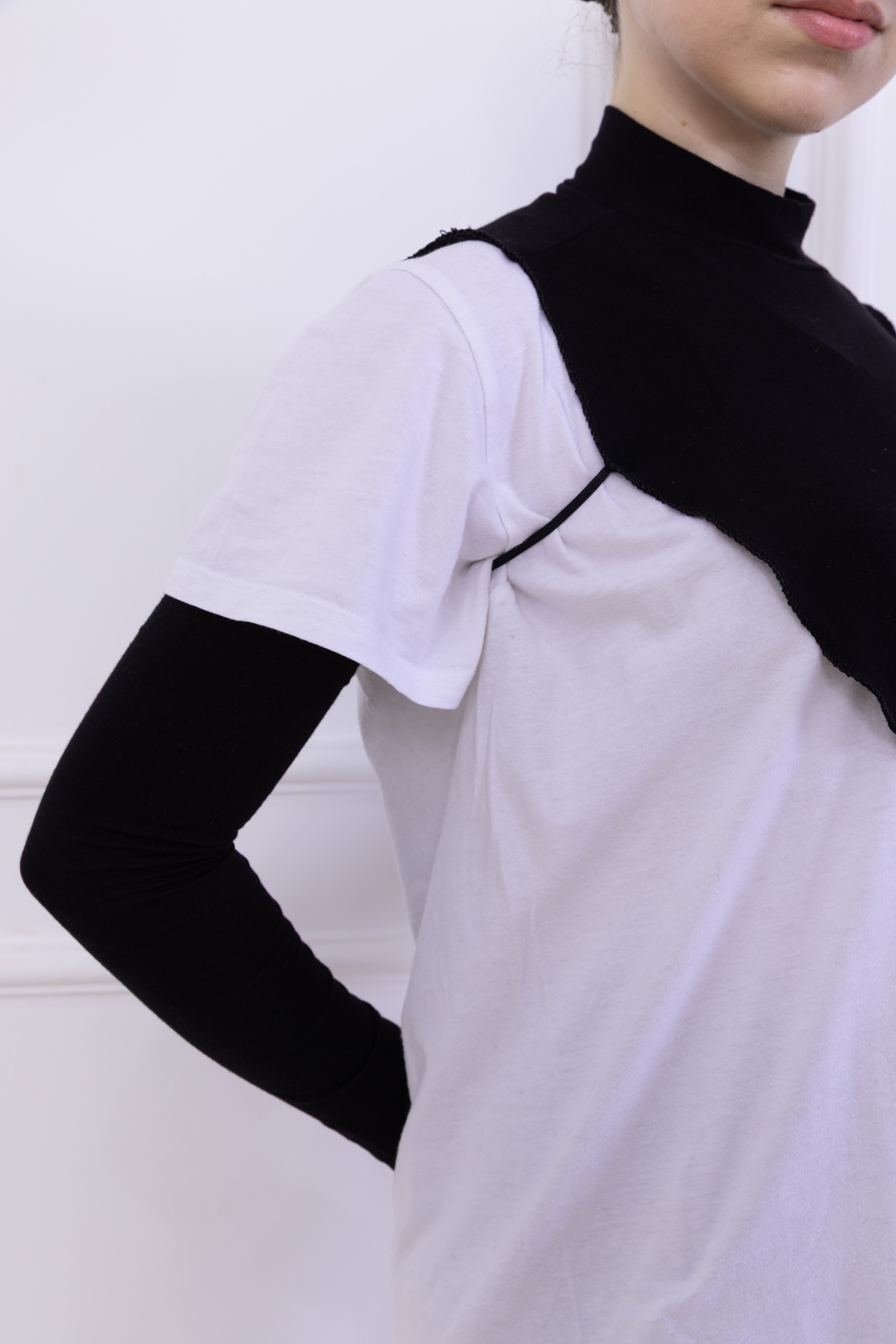 Boyunluk ve Kolluk Seti Siyah - Balıkçı Yakalı Kadın Tesettür Penye Yarım Body Namaz Kolluğu Hijab