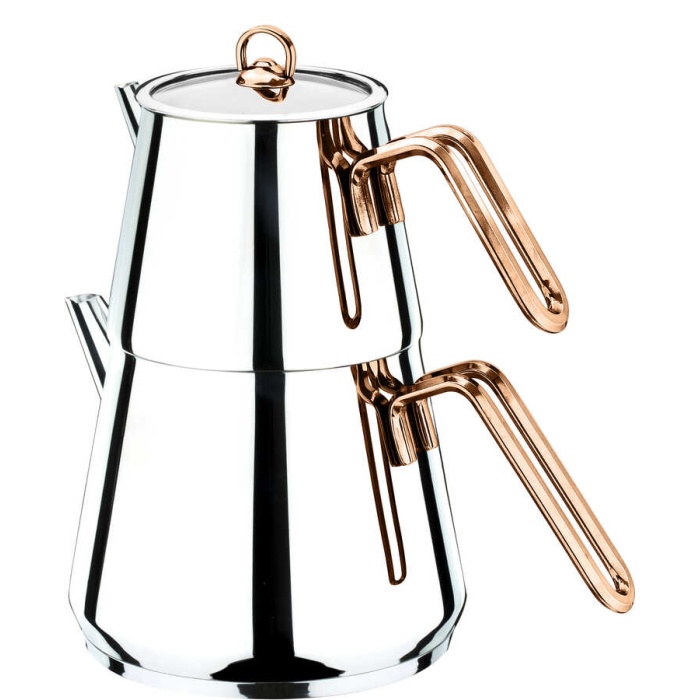 Akdeniz Piramit Aile Boy Metal Kulp Çaydanlık Bronz