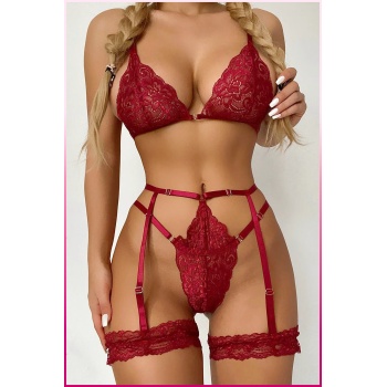Kırmızı Göğüs Dantelli Seksi Jartiyer Takım