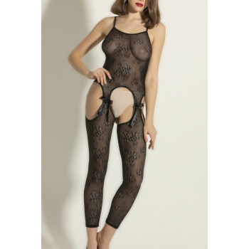 Siyah Çiçek Desenli Transparan Vücut Çorabı,Seksi Uzun Tulum Fantazi İç Giyim