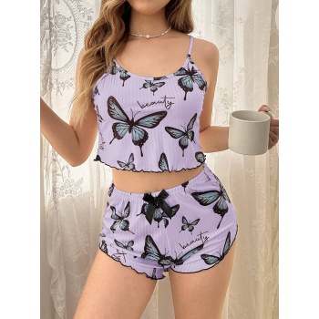 Mor Renk Kelebek Desenli Şortlu Ev Giyim Takımı,Kadın Yazlık Askılı Pijama, Rahat ve Şık Ev Giyim