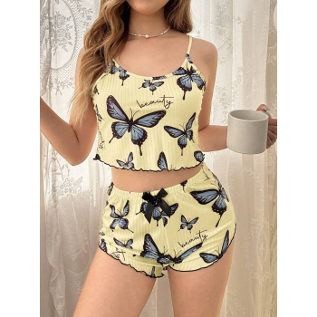 Kadın Sarı Kelebek Desenli Askılı Şortlu Ribana Pijama Takımı,Rahat ve Şık Ev Giyim,Kadın Pijama