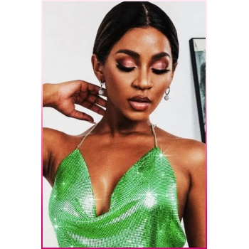 Kristal Yeşil Taşlı Parlak Crop & Bluz Kolsuz Kayık Yaka Parti Plaj Büstiyer