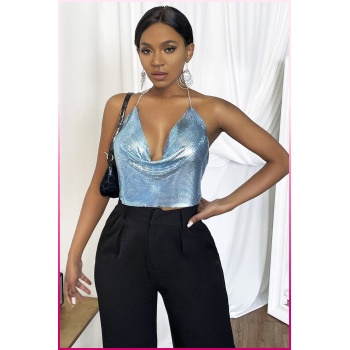Kristal Mavi Taşlı Parlak Crop & Bluz Kolsuz Kayık Yaka Parti Plaj Büstiyer