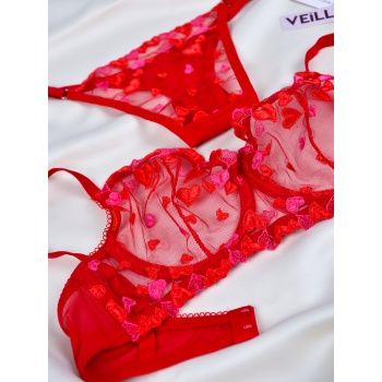 Kadın  Kalpli Kırmızı Dantelli Balenli  Sütyen Külot Takım