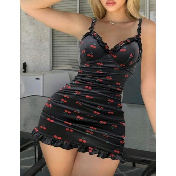 Kiraz Baskılı Mini Elbise | Siyah Üzeri Kırmızı Desenli, Beden Saran