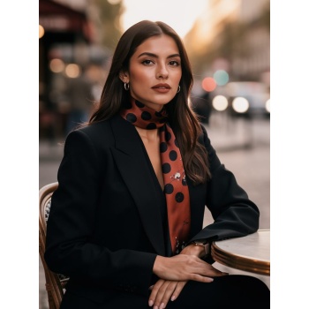 Bakır Siyah Çiçek Puantiye Modern Geometrik Desenli Fular– Ofis ve Günlük Stil – Şık Hediye Seçeneği