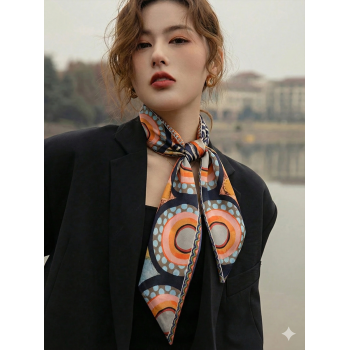 Fular Renkli Saten Geometrik Desenli Fular Zarif ve Canlı Tasarım – Günlük & Ofis, Hediye Edilebilir
