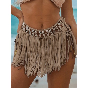 Bej Bikini Üstü Deniz Kabuklu Püsküllü Pareo,Beachwear,Bikini Üstü El Emeği Plaj Eteği,Bohem Etek