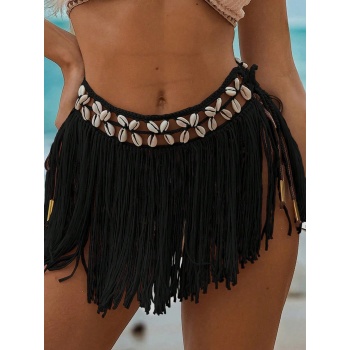 Siyah Bikini Üstü Deniz Kabuklu Püsküllü Pareo,Beachwear,Bikini Üstü El Emeği Plaj Eteği,Bohem Etek