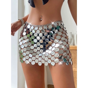 Kadın Parlak Gümüş Pul Mini Etek Gece Kombin Festival Stil,Şakira Zincirli İşlemeli Etek Şık Kombini