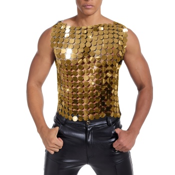 Erkek GoldPul Detaylı Transparan Parti Bluz,Festival Stil Erkek Pul İşlemeli Sahne Üst,Kostüm