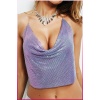 Kristal Lila Taşlı Parlak Crop & Bluz Kolsuz Kayık Yaka Parti Plaj Büstiyer