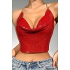 Kristal Kırmızı Taşlı Parlak Crop & Bluz Kolsuz Kayık Yaka Parti Plaj Büstiyer