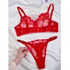 Kadın  Kalpli Kırmızı Dantelli Balenli  Sütyen Külot Takım