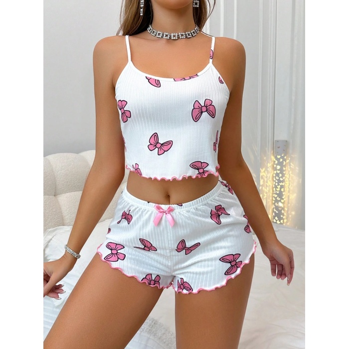Kadın Fiyonklu Beyaz Şortlu Pijama Takımı