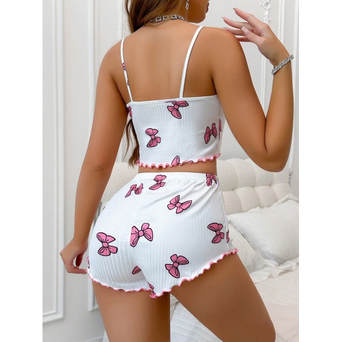 Kadın Fiyonklu Beyaz Şortlu Pijama Takımı
