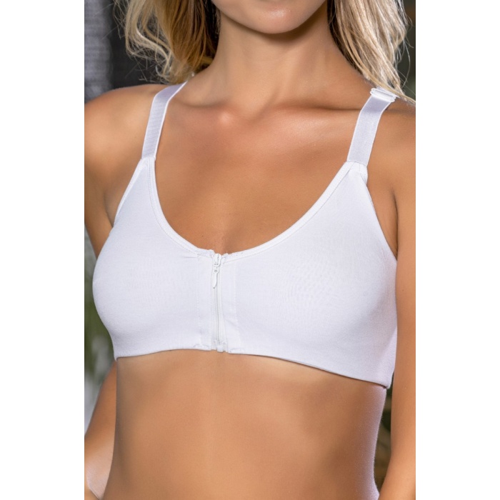 Beyaz Önden Fermuarlı Pamuklu Sütyen,Günlük ve Medikal Kullanım İçin, Kadın İç Giyim