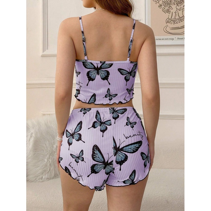 Mor Renk Kelebek Desenli Şortlu Ev Giyim Takımı,Kadın Yazlık Askılı Pijama, Rahat ve Şık Ev Giyim