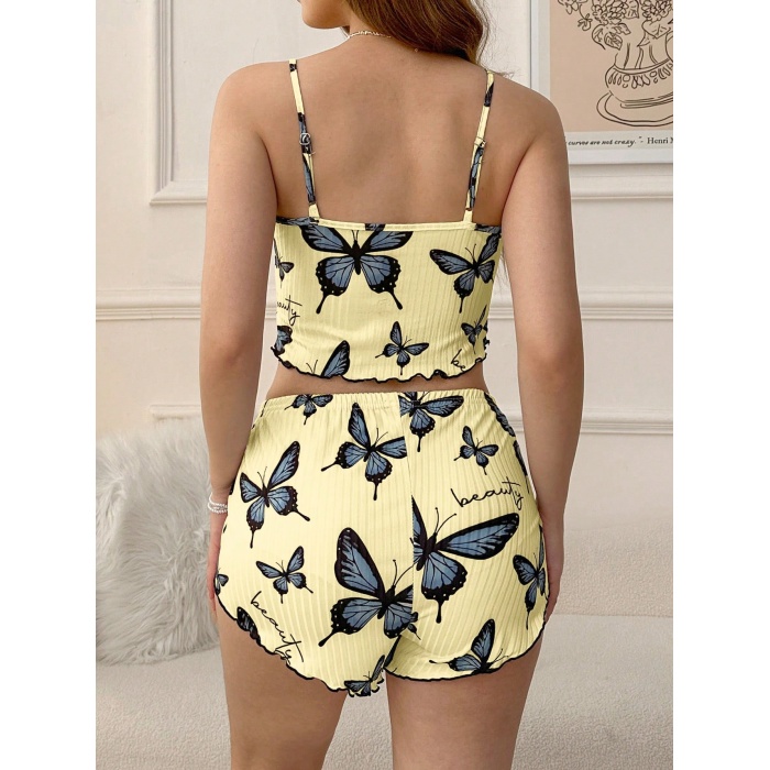 Kadın Sarı Kelebek Desenli Askılı Şortlu Ribana Pijama Takımı,Rahat ve Şık Ev Giyim,Kadın Pijama