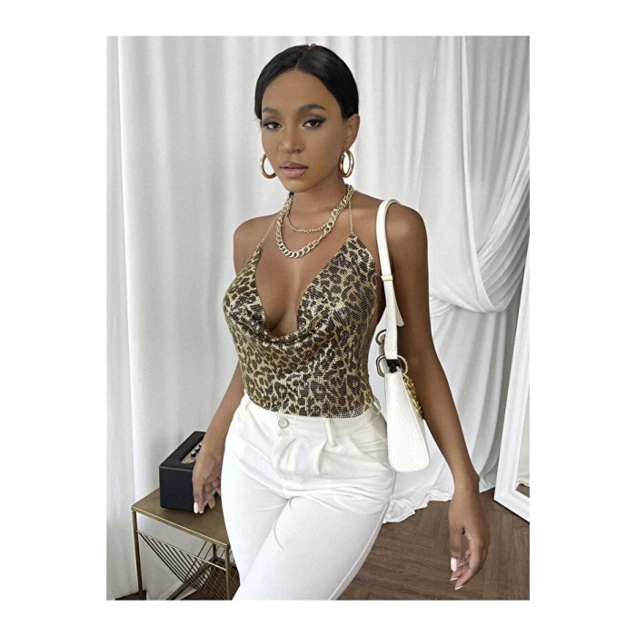 Kristal Leopard Taşlı Parlak Crop & Bluz Kolsuz Kayık Yaka Parti Plaj Büstiyer