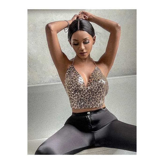 Kristal Leopard Taşlı Parlak Crop & Bluz Kolsuz Kayık Yaka Parti Plaj Büstiyer