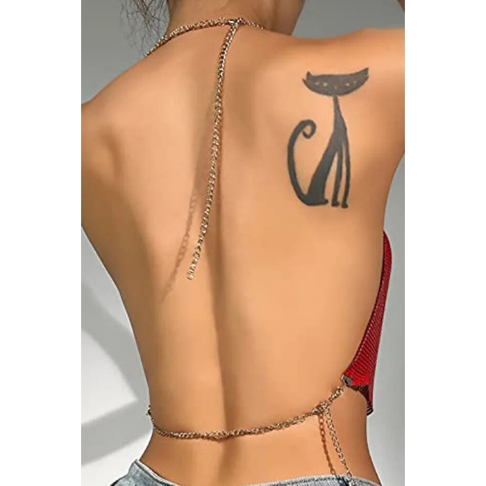 Kristal Kırmızı Taşlı Parlak Crop & Bluz Kolsuz Kayık Yaka Parti Plaj Büstiyer