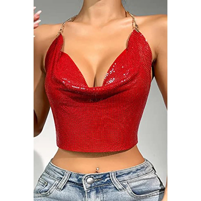 Kristal Kırmızı Taşlı Parlak Crop & Bluz Kolsuz Kayık Yaka Parti Plaj Büstiyer