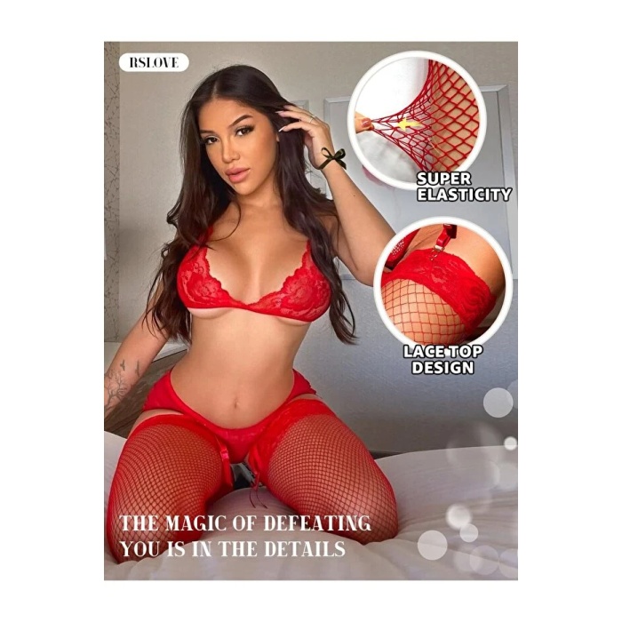 Kadın Kırmızı File Silikonlu Jartiyer Çorabı