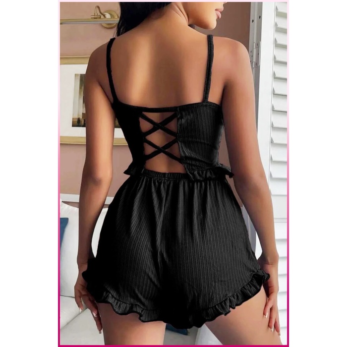 Siyah Mini Arkası Çapraz İpli Şortlu PijamaTakımı