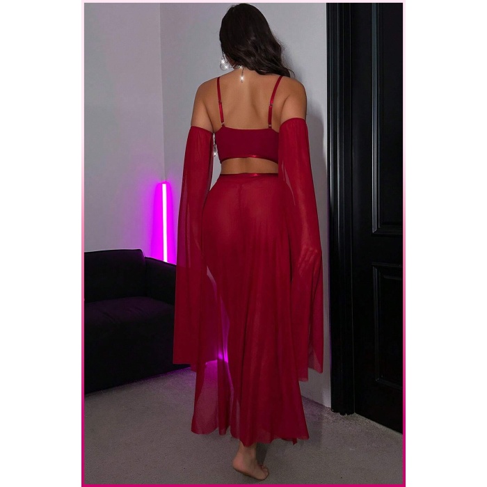 Bordo Pul Aksesuarlı Tül Etekli Kadın Seksi Gecelik