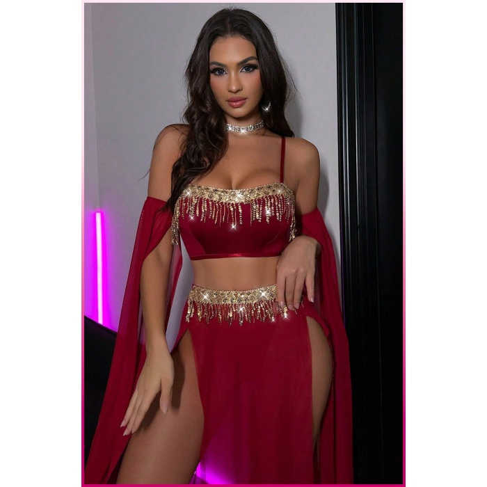 Bordo Pul Aksesuarlı Tül Etekli Kadın Seksi Gecelik