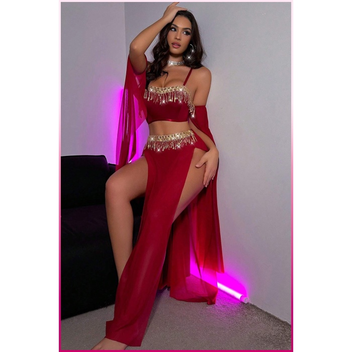 Bordo Pul Aksesuarlı Tül Etekli Kadın Seksi Gecelik