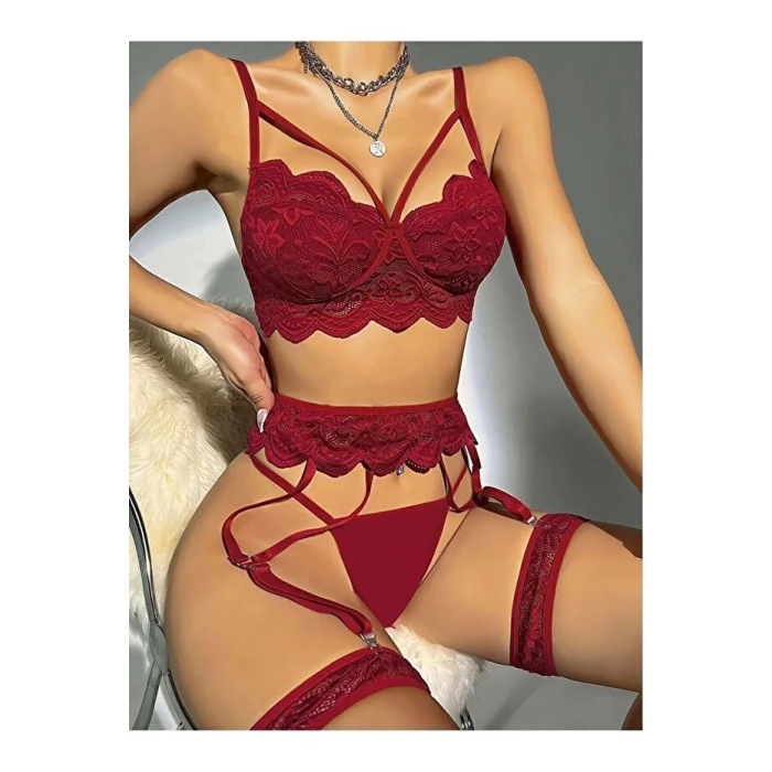 Kadın Bordo Dantel Detaylı Jartiyer Takım