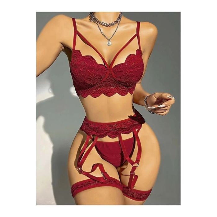 Kadın Bordo Dantel Detaylı Jartiyer Takım