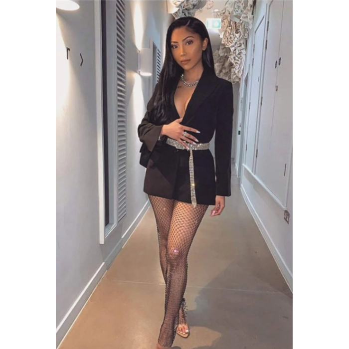 Kadın Siyah Kristal Taşlı File Pantolon