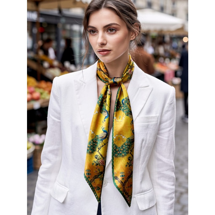 Kadın Yeşil Sarı Renkli Modern Desenli Fular – Blazer, Çanta ve Boyun İçin Uygun –Hediye Alternatifi