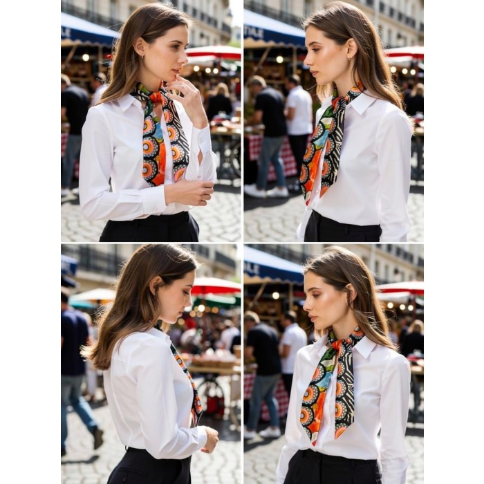 Kadın Renkli Saten Geometrik Desenli Fular Zarif ve Canlı Tasarım – Günlük & Ofis, Hediye Edilebilir