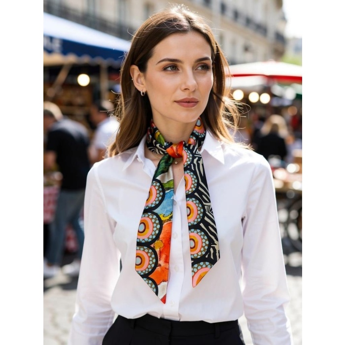 Kadın Renkli Saten Geometrik Desenli Fular Zarif ve Canlı Tasarım – Günlük & Ofis, Hediye Edilebilir