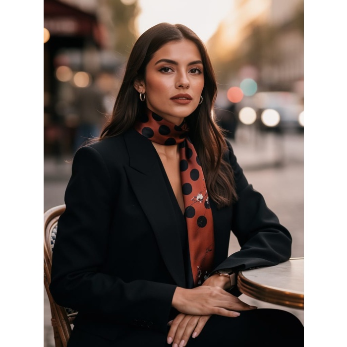 Bakır Siyah Çiçek Puantiye Modern Geometrik Desenli Fular– Ofis ve Günlük Stil – Şık Hediye Seçeneği