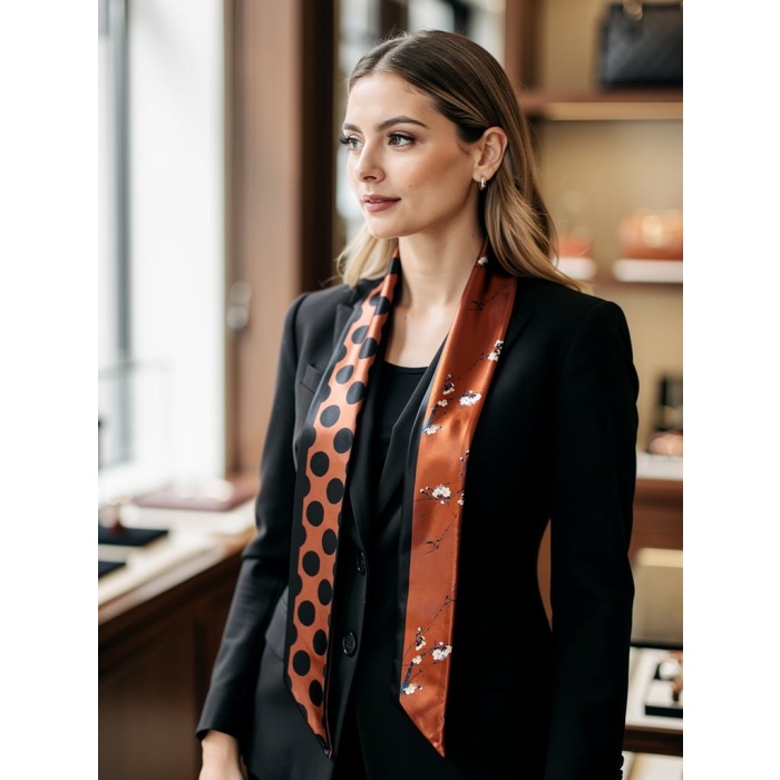 Bakır Siyah Çiçek Puantiye Modern Geometrik Desenli Fular– Ofis ve Günlük Stil – Şık Hediye Seçeneği