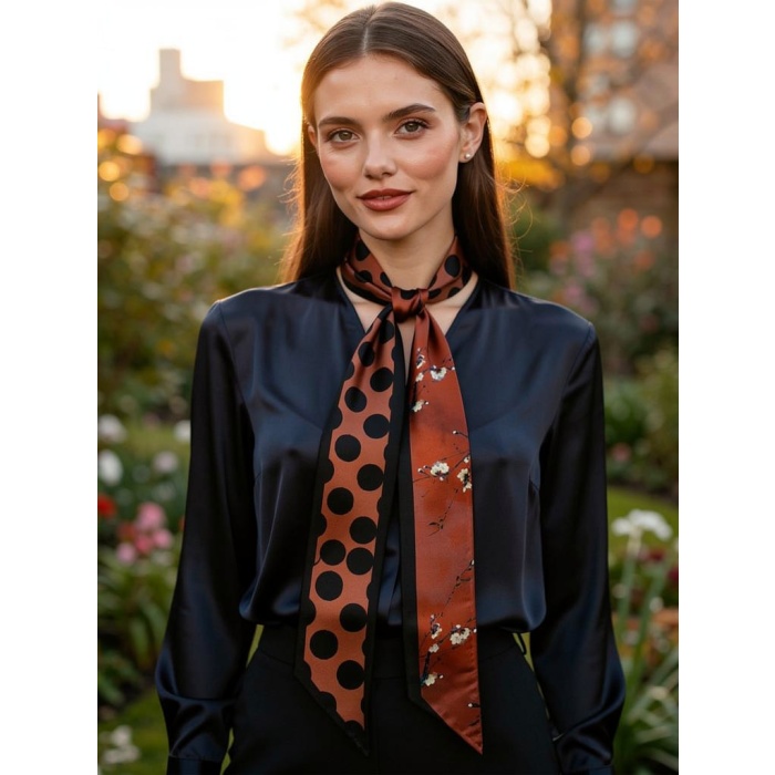 Bakır Siyah Çiçek Puantiye Modern Geometrik Desenli Fular– Ofis ve Günlük Stil – Şık Hediye Seçeneği