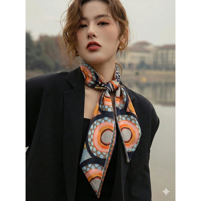 Fular Renkli Saten Geometrik Desenli Fular Zarif ve Canlı Tasarım – Günlük & Ofis, Hediye Edilebilir