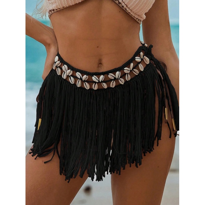 Siyah Bikini Üstü Deniz Kabuklu Püsküllü Pareo,Beachwear,Bikini Üstü El Emeği Plaj Eteği,Bohem Etek