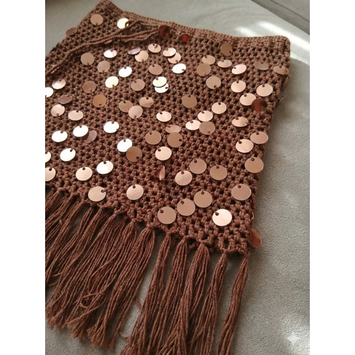 Kadın Kahve El Yapımı Plaj Pareosu–Payet Detaylı Bohem Etek,Plaj ve Tatil Kombini,İç Giyim