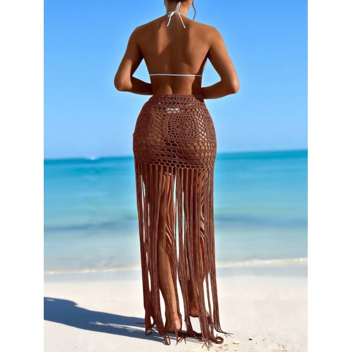 Kahve Bikini Etek,Kadın Bohem Tığ İşi Pareo– Bikini Üstü Şık Plaj Kombini-Plaj & Beach Club Kombin