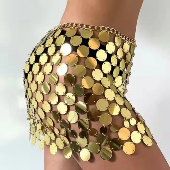 Kadın Parlak GoldPul Mini Etek Gece Kombin Festival Stil,Şakira Zincirli İşlemeli Etek Şık Kombini