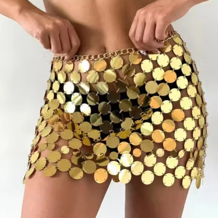 Kadın Parlak GoldPul Mini Etek Gece Kombin Festival Stil,Şakira Zincirli İşlemeli Etek Şık Kombini